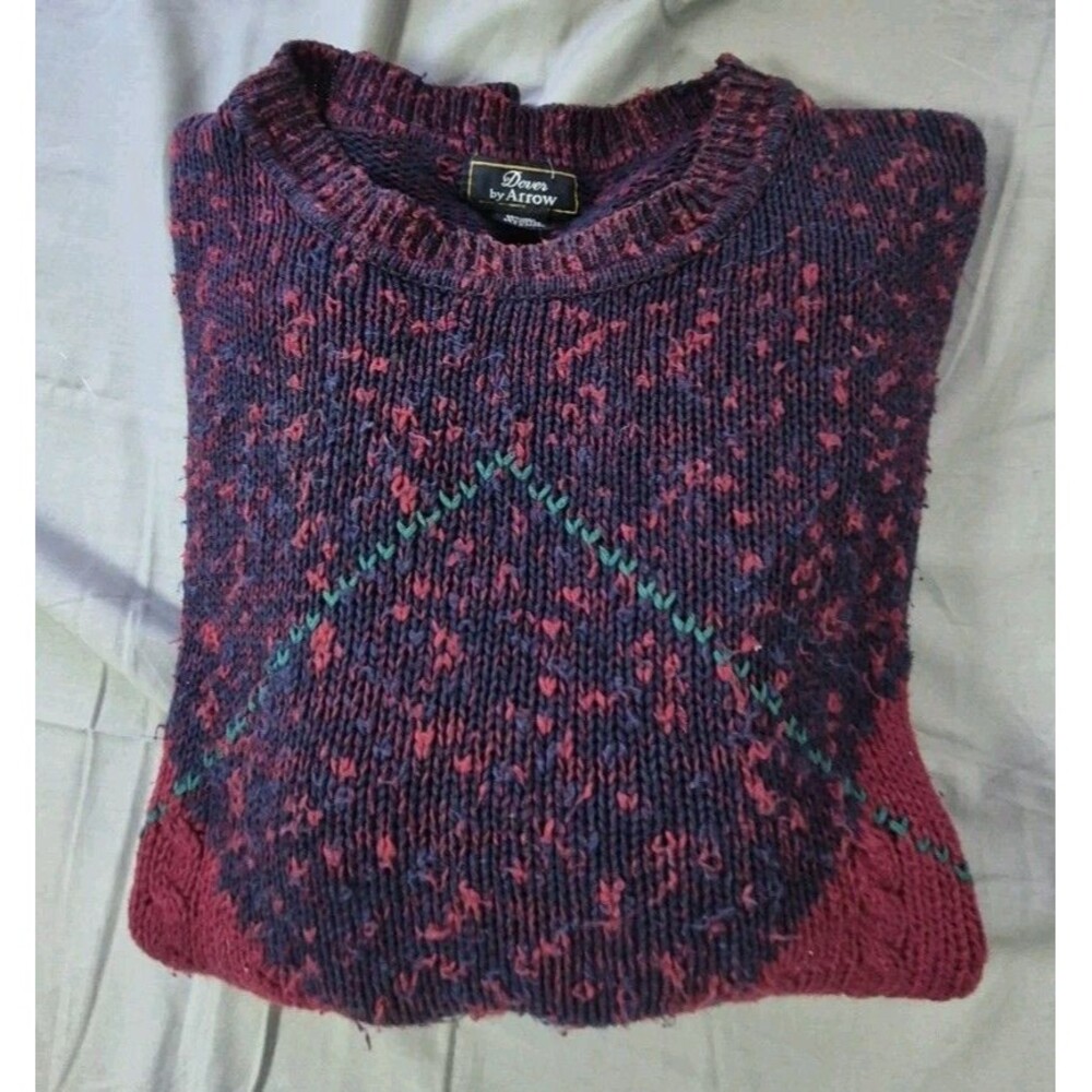 Vtg 90s Arrow Dover Argyle Print Linen Blend Sweater Mens Size XL Burgundy/Blue